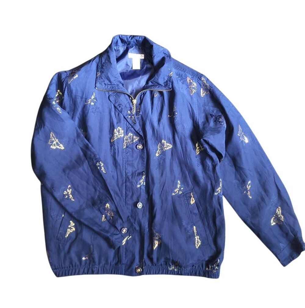 Vintage Mureli Jacket Women's Small Blue Silk Butterfly Bomber Lightweight